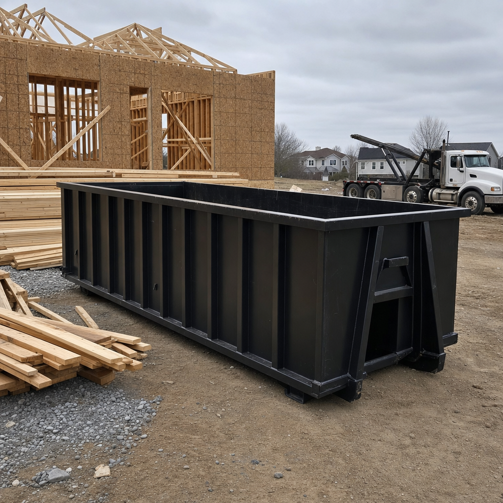 Matte-black 40-yard roll-off dumpster staged on a framed-out residential construction site in Longmont, framing lumber stacked nearby, hooklift delivery truck visible in the background under bright Colorado daylight
