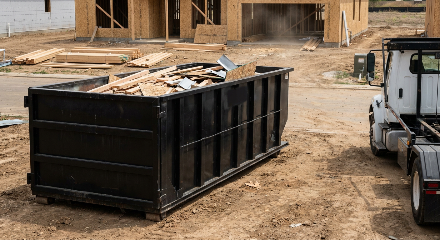 Matte-black 20-yard roll-off construction dumpster with heavy ribbed steel sidewalls and swing rear doors at a working jobsite in Longmont, sitting directly on compacted dirt with an unmarked white hauler partially visible at the far edge of the frame.