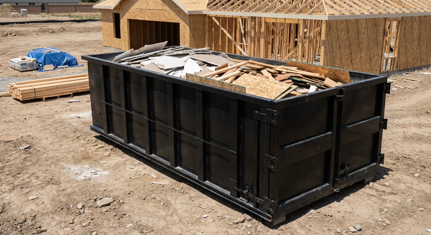 Matte-black 30-yard roll-off construction dumpster sitting directly on the compacted-dirt site of a framed single-family home build in Longmont, drywall and lumber scrap loaded inside.