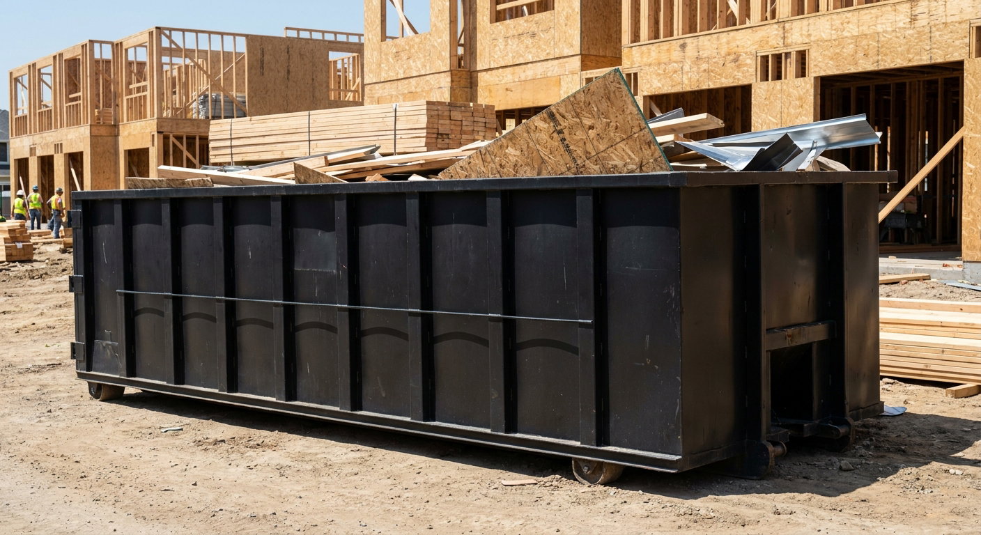 Matte-black 40-yard roll-off construction dumpster being lowered from a white-cab hooklift delivery truck onto the compacted-dirt jobsite at a commercial build site in Longmont