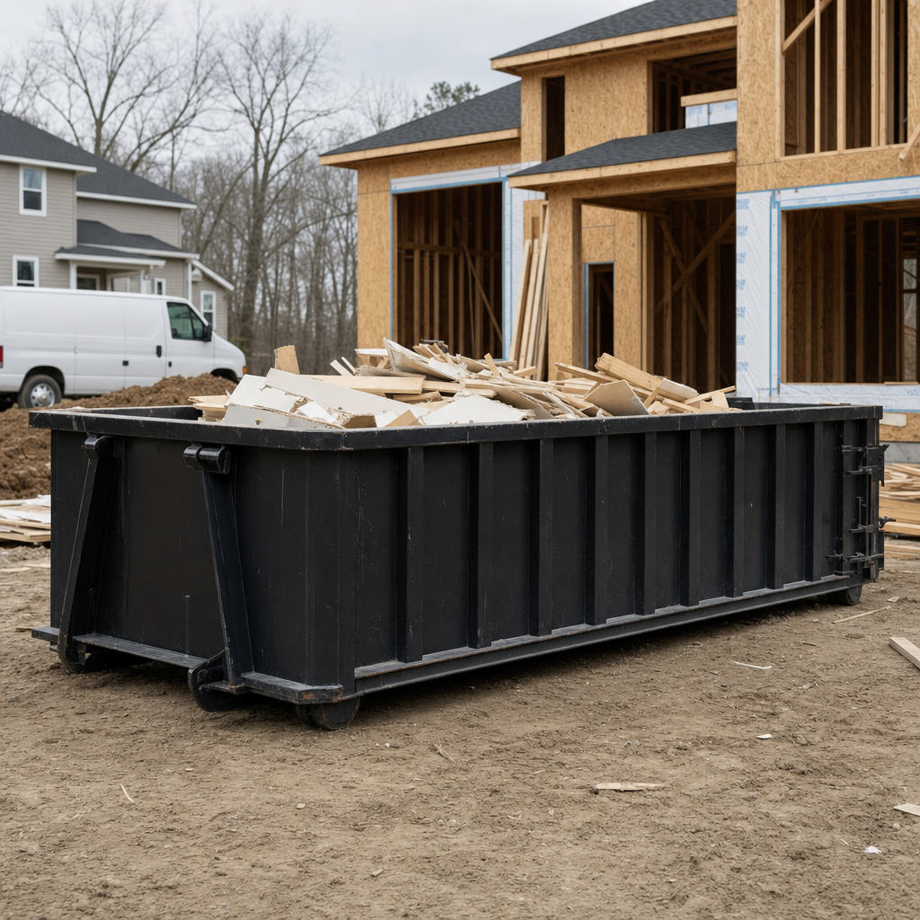 Worker in a yellow high-visibility vest tossing framing lumber and broken drywall into a matte-black 30-yard construction roll-off dumpster on an active build site in Longmont, bright daylight