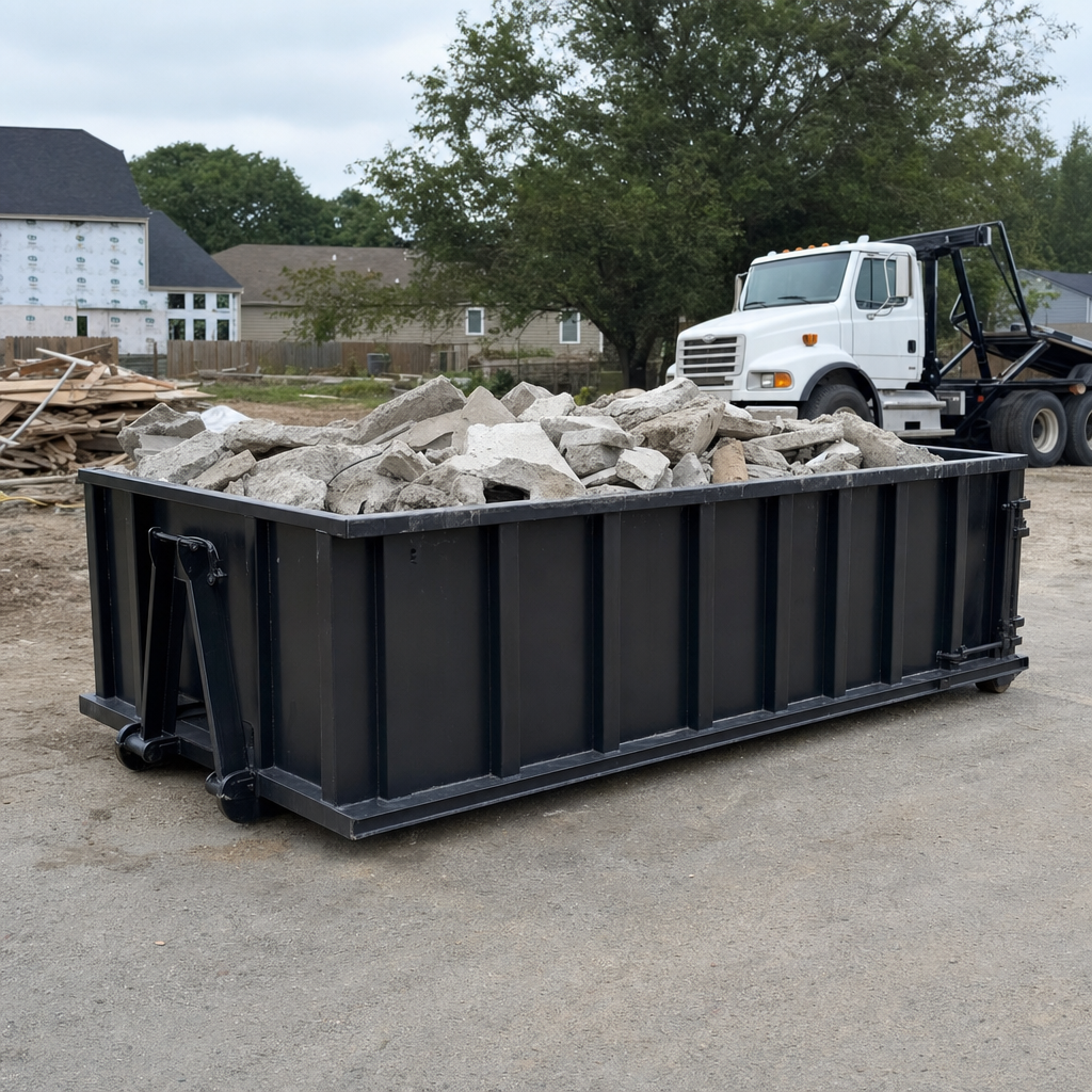 Low-profile matte-black lowboy roll-off dumpster loaded with broken concrete slab and rebar at a foundation tear-out in Longmont, skid steer parked beside it, sunny Colorado morning