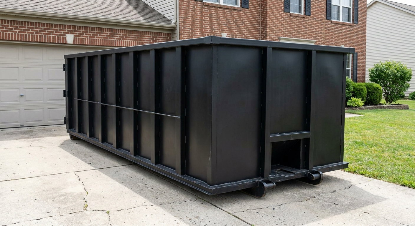 Matte-black 20-yard roll-off container on a Longmont residential concrete driveway with reinforced ribbed steel sidewalls and a hinged rear walk-in door, clean bright daylight.