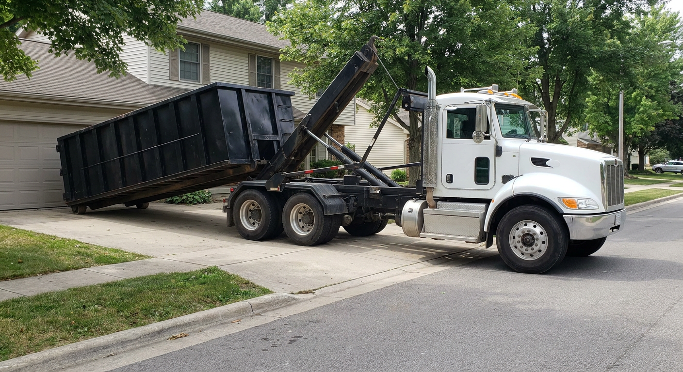 White-cab hooklift roll-off truck actively lowering a matte-black dumpster onto a Longmont residential concrete driveway, the dumpster's rear wheels touching the driveway as the hoist arm tilts the bed forward, mid-morning daylight.