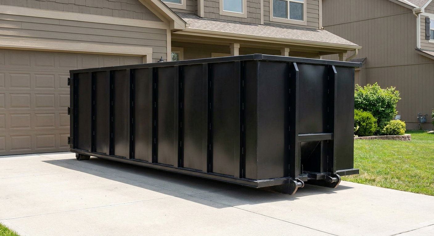Matte-black residential roll-off dumpster sitting directly on a suburban Longmont concrete driveway, garage door closed, single-family home in background, bright morning daylight.