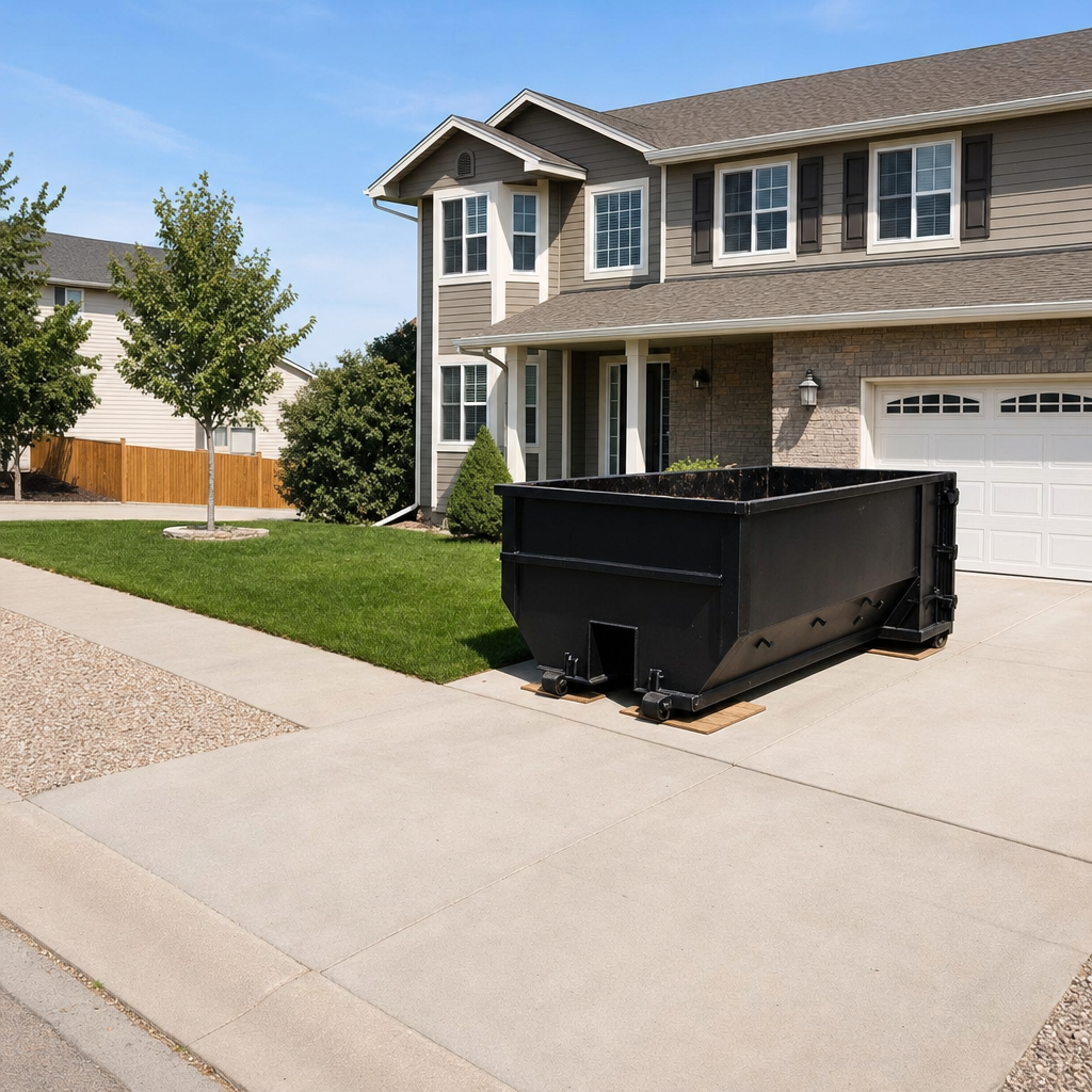10-yard matte-black residential dumpster placed directly on a narrow Longmont concrete driveway, room remains for a parked sedan beside it, mid-morning natural light