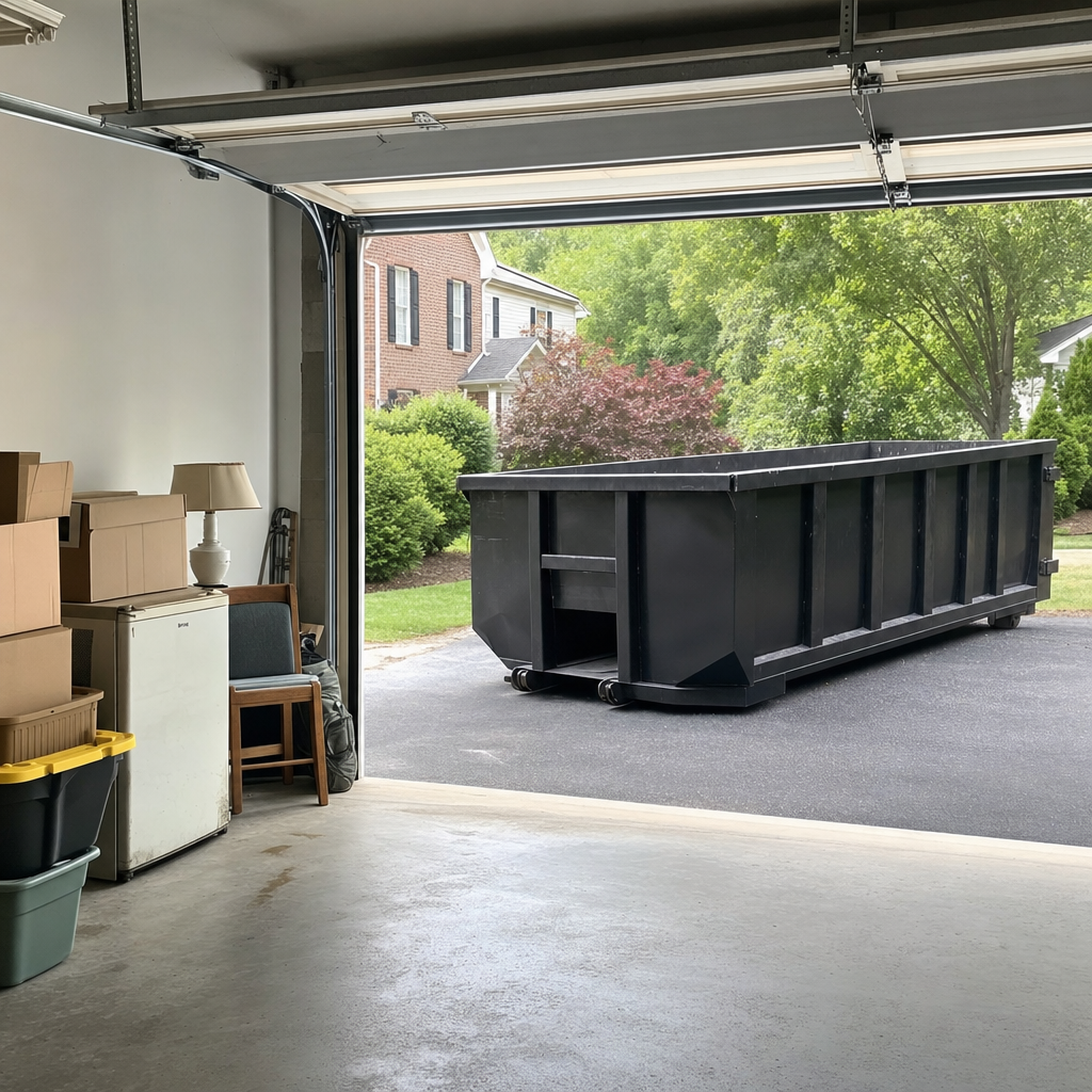 Open garage interior in a Longmont home mid-cleanout — boxed items, an old appliance, and stacked yard tools queued near the driveway for a matte-black roll-off dumpster, organized and calm