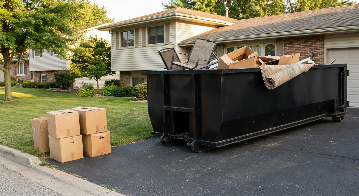 Front-yard view of a Longmont split-level home with a 20-yard matte-black roll-off dumpster sitting directly on the asphalt driveway, a few clearly labeled donation boxes staged at the curb, calm sunny afternoon.