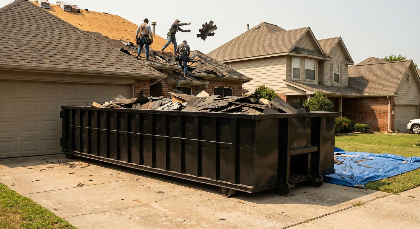 Matte-black roofing roll-off dumpster placed directly on a Longmont residential concrete driveway, a tear-off crew on a two-story asphalt-shingle roof tossing shingle bundles into the low-walled container, bright daylight, documentary 35mm perspective.
