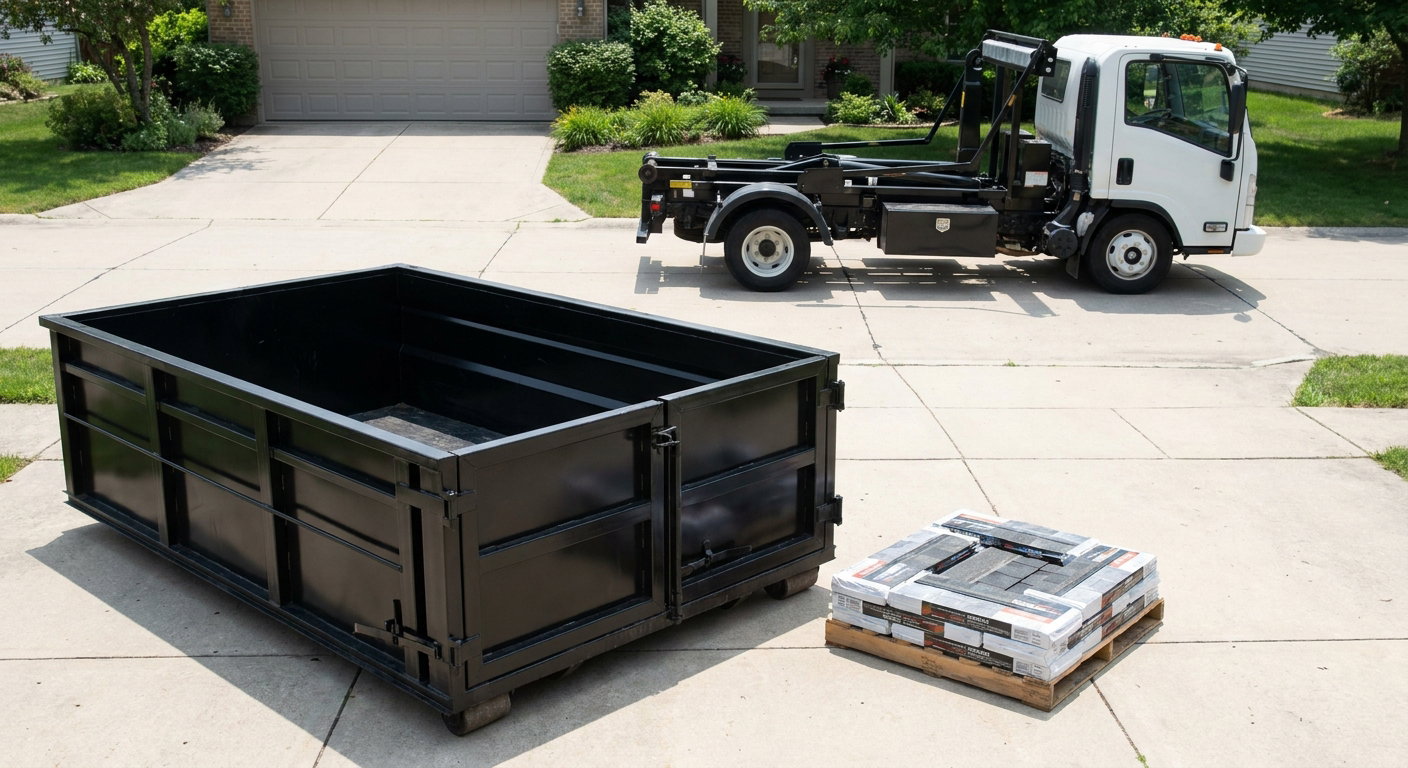 Matte-black 15-yard roofing roll-off dumpster with reinforced low side walls sitting directly on a Longmont residential concrete driveway, three-tab asphalt shingle bundles stacked nearby, an unmarked white hauler truck partially visible at the edge of the frame.