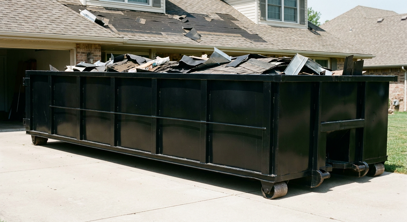 Matte-black 20-yard roofing roll-off dumpster with steel ribbed sides and swinging rear door, sitting directly on the concrete driveway of a two-story Longmont home, asphalt shingle debris being loaded over the low wall, clean documentary lighting.