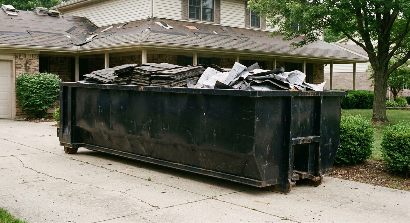 Matte-black 30-yard roofing roll-off dumpster sitting directly on a Longmont concrete driveway, taller ribbed steel side panels, mixed tear-off debris of asphalt shingles and underlayment inside, professional documentary daylight.