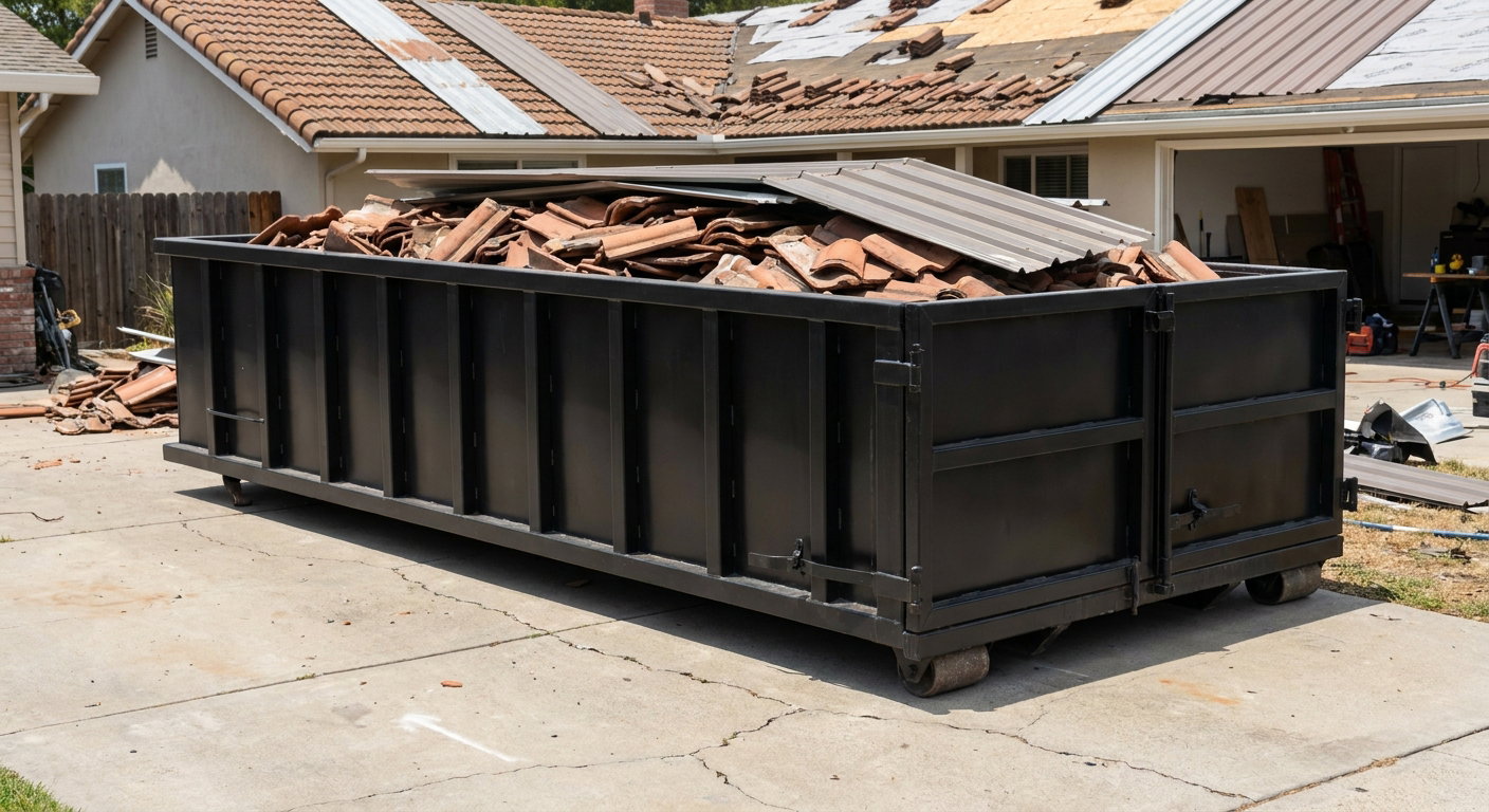 Matte-black low-wall heavy-debris roofing roll-off dumpster sitting directly on a Longmont concrete driveway, broken concrete clay roof tiles and metal panel sections loaded inside, reinforced ribbed steel side walls visible, bright outdoor daylight.