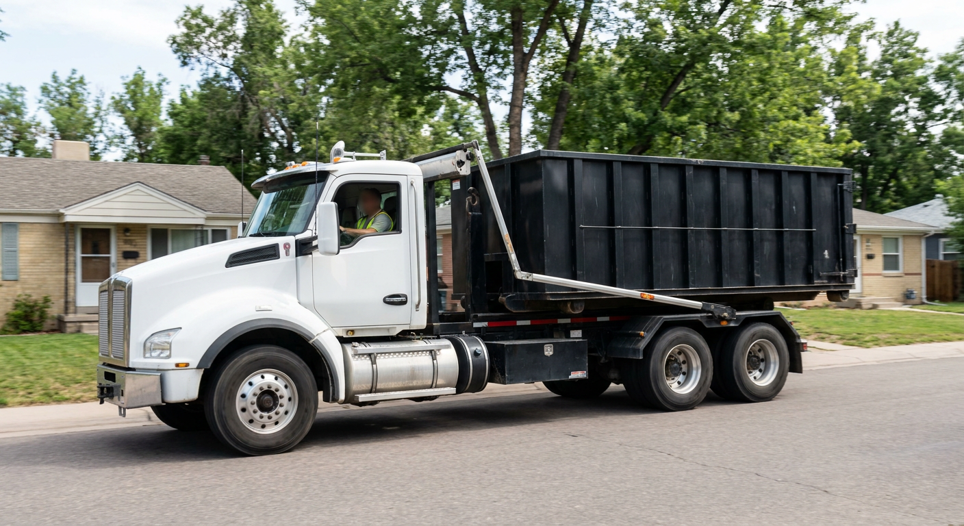 A wide documentary shot of a matte-black roll-off delivery truck pulling onto a quiet Longmont residential street at mid-morning, with neighborhood rooftops and tree-lined blocks visible behind, showing the metro coverage footprint.