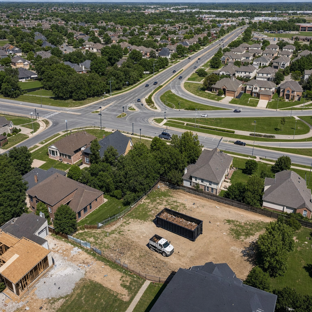 An overhead documentary view of the Longmont metro area at midday, showing the spread of neighborhoods, arterial roads, and the dispatch radius from a central yard — clean daylight, organized geographic layout.