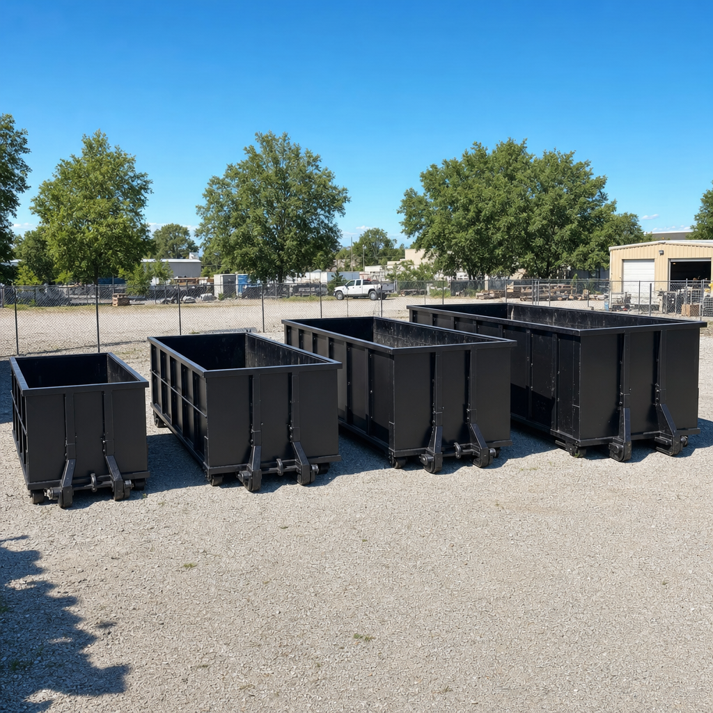 A clean lineup of matte-black roll-off dumpsters in 10, 20, 30, and 40-yard sizes staged on a sunlit gravel yard in Longmont, showing the size progression from compact to commercial-scale containers.