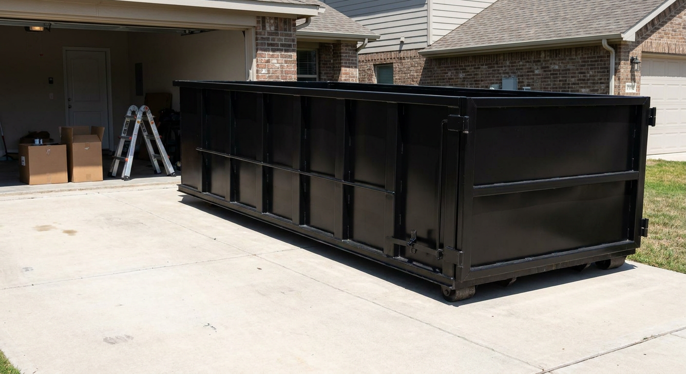 A matte-black 10-yard roll-off dumpster sitting directly on a residential Longmont concrete driveway, mid-day sunlight, clean and ready for a garage cleanout.