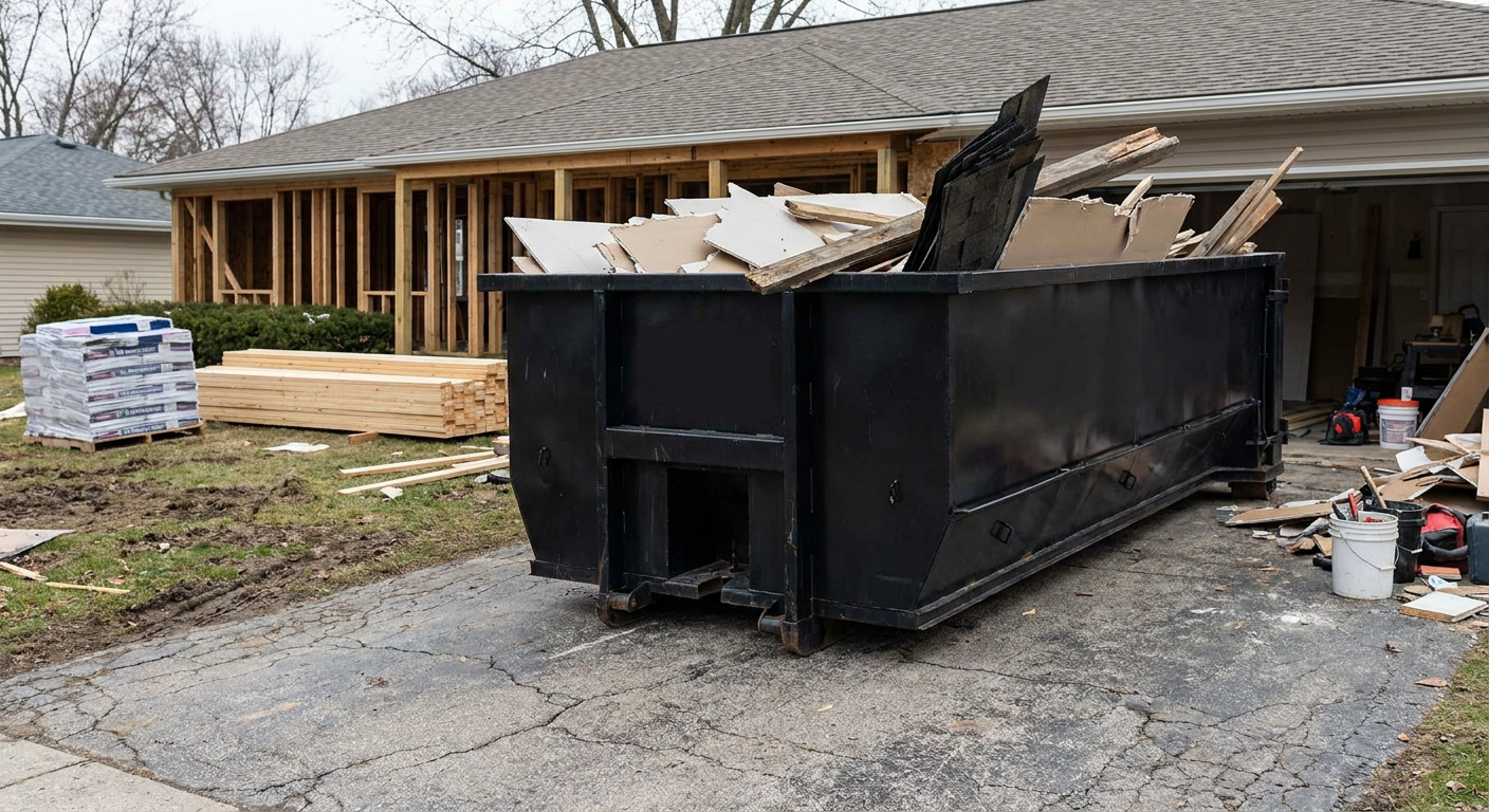 A matte-black 20-yard roll-off dumpster placed alongside a mid-renovation Longmont home directly on the asphalt driveway, with framing materials and torn-off shingles staged neatly nearby.