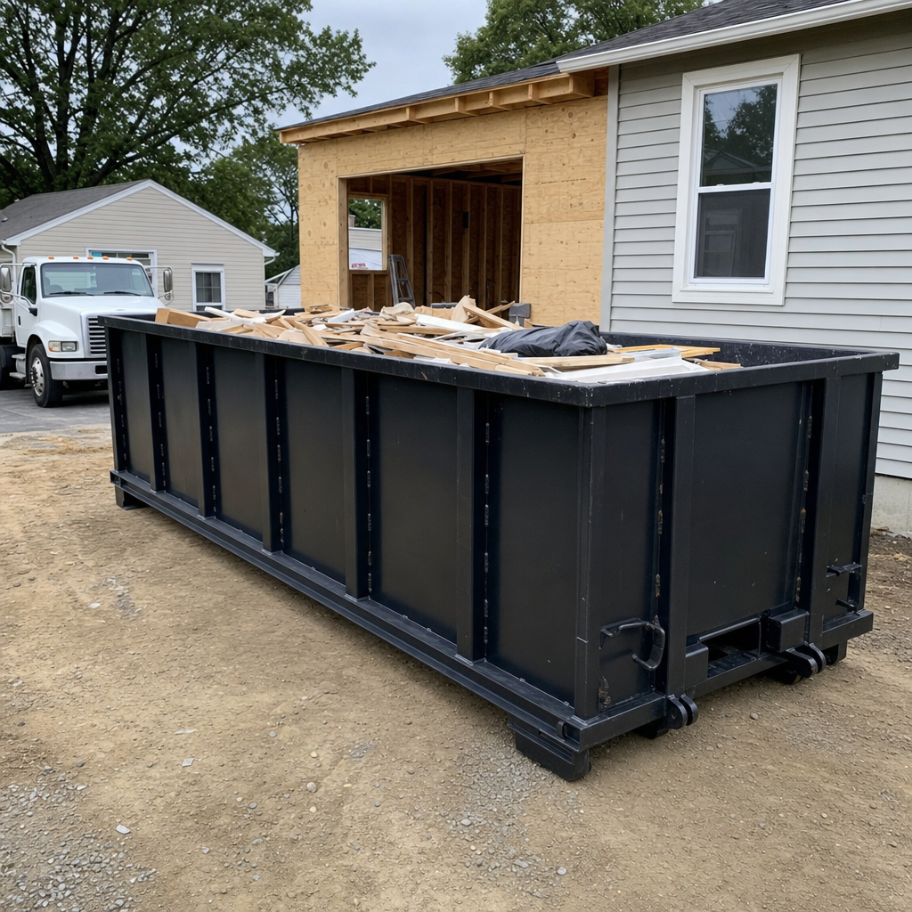 A matte-black 30-yard roll-off dumpster positioned at a Longmont residential addition jobsite, with framing lumber and drywall scraps loaded through the open swinging rear doors.