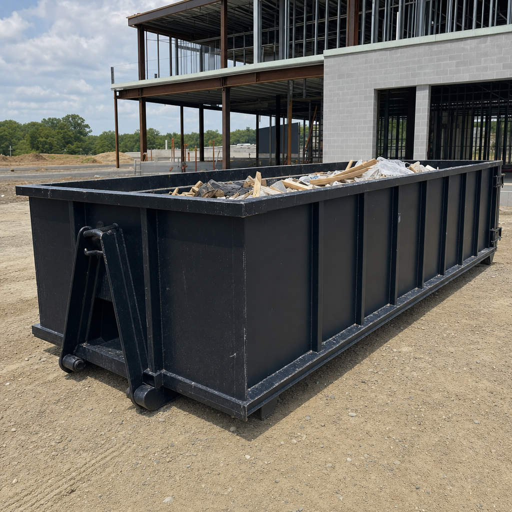 A matte-black 40-yard roll-off dumpster staged on a large Longmont commercial construction lot, with a hooklift delivery truck parked alongside under bright midday sky.