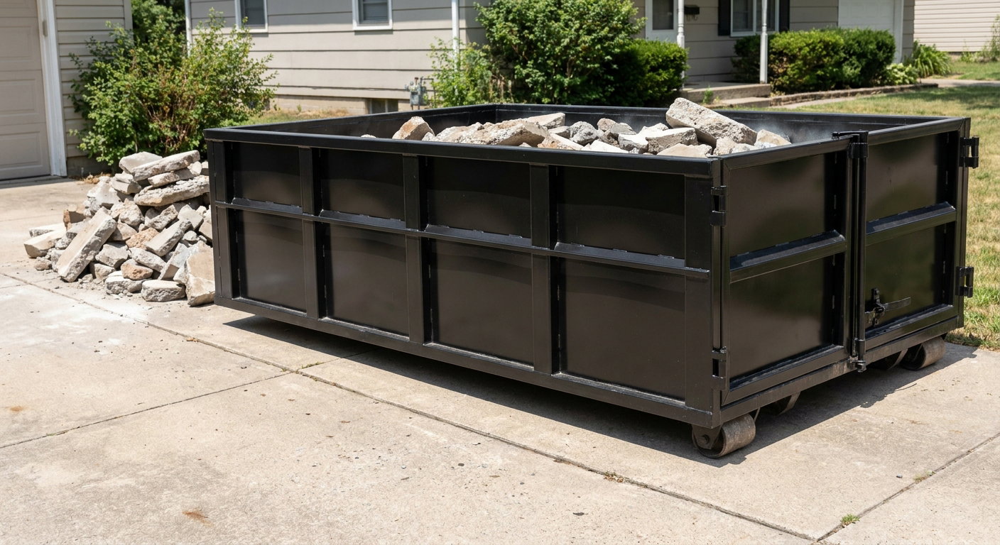A matte-black low-side heavy-debris roll-off dumpster placed directly on a Longmont concrete driveway, with broken concrete chunks neatly stacked beside it under clean daylight.